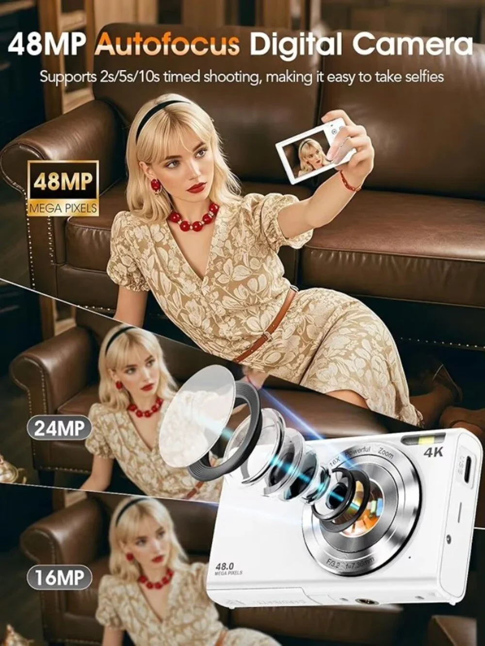 Digital Camera, Autofocus UHD 4K Vlogging Camera , 48MP 16X (No TF Card)
